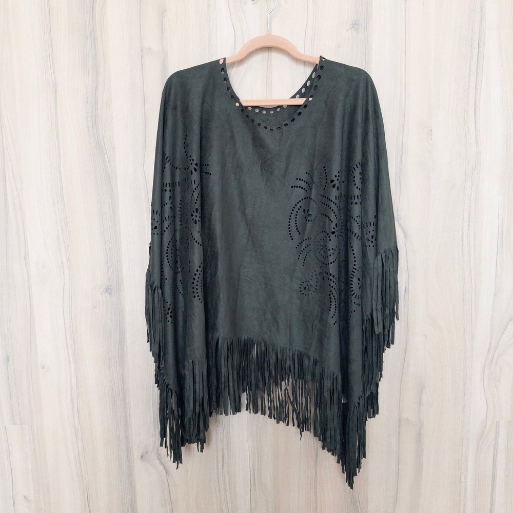 Cato Womens Poncho One Size Olive Green Faux Suede Laser Cut Fringe Boho Western